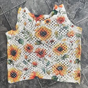 SUNFLOWER Floral Crochet Knit Sleeveless Top Boho Hippie Coastal Cottagecore